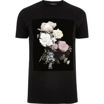 Black flocked floral print t-shirt